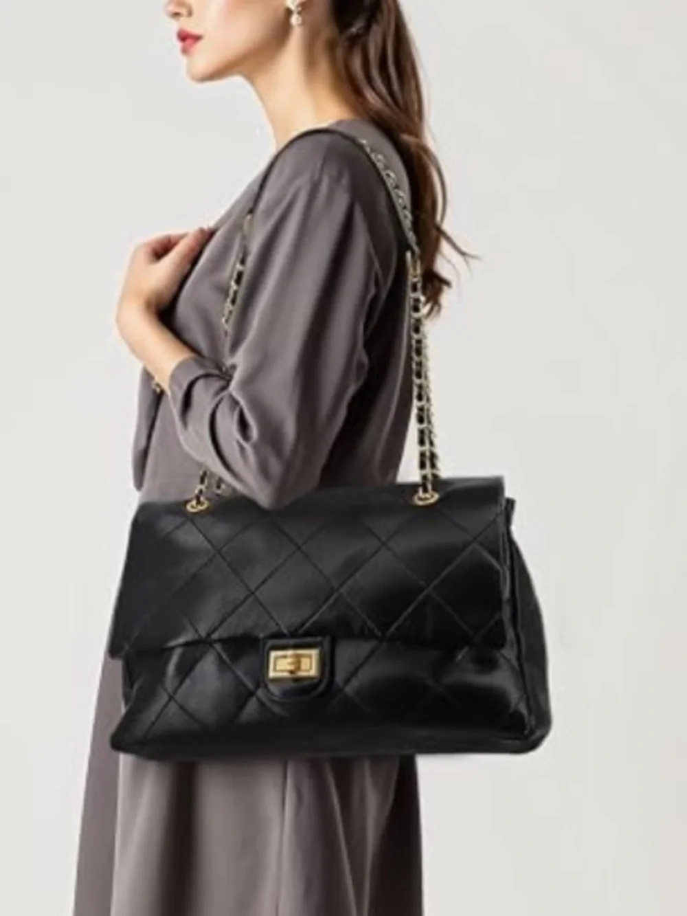 Large Black Quilted Shoulder Bag with Chain Strap - Picture 1 of 3